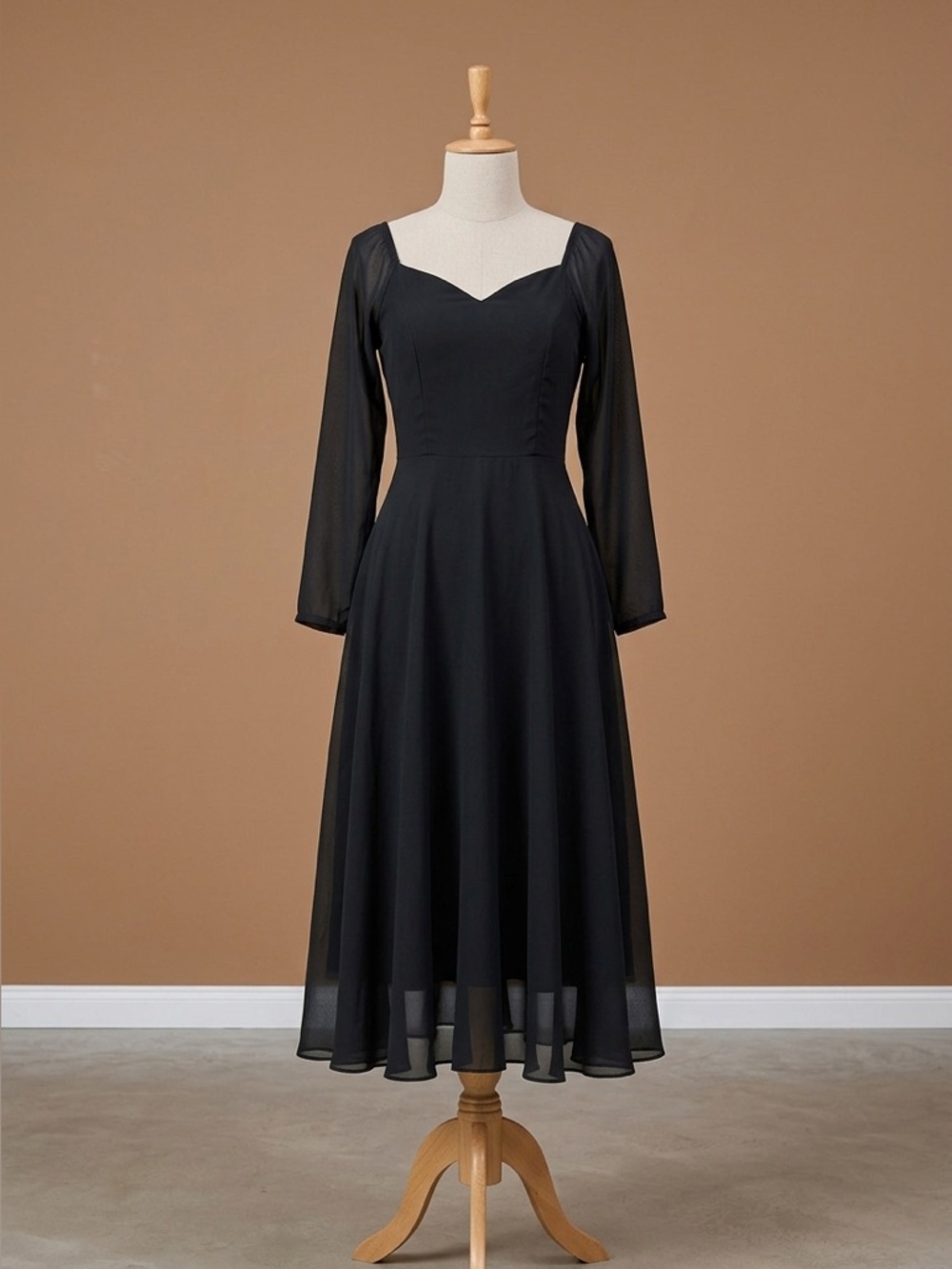 Elegant Black Long Sleeve Midi Dress